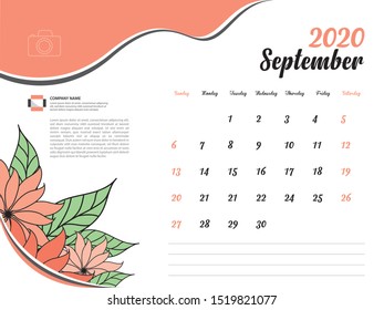 Calendar 2020 design Vector, Desk Calendar 2020 template, September, Orange flowers concept, Week Start On Sunday, Planner, Stationery, Printing, Size : 8 x 6 inch