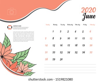 Calendar 2020 design Vector, Desk Calendar 2020 template, June, Orange flowers concept, Week Start On Sunday, Planner, Stationery, Printing, Size : 8 x 6 inch