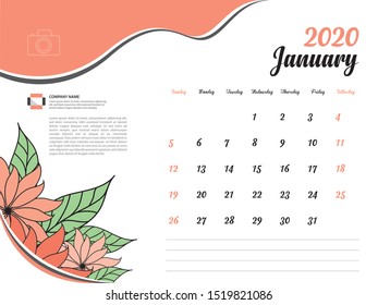 Calendar 2020 design Vector, Desk Calendar 2020 template, January, Orange flowers concept, Week Start On Sunday, Planner, Stationery, Printing, Size : 8 x 6 inch