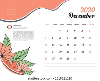 Calendar 2020 design Vector, Desk Calendar 2020 template, December, Orange flowers concept, Week Start On Sunday, Planner, Stationery, Printing, Size : 8 x 6 inch