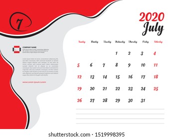 Calendar 2020 design Vector, Desk Calendar 2020 template, July, Week Start On Sunday, Planner, Stationery, Printing, Size : 8 x 6 inch, red background