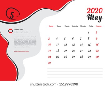 Calendar 2020 design Vector, Desk Calendar 2020 template, May, Week Start On Sunday, Planner, Stationery, Printing, Size : 8 x 6 inch, red background