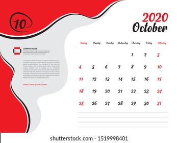 Calendar 2020 design Vector, Desk Calendar 2020 template, October, Week Start On Sunday, Planner, Stationery, Printing, Size : 8 x 6 inch, red background