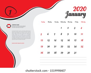 Calendar 2020 design Vector, Desk Calendar 2020 template, January, Week Start On Sunday, Planner, Stationery, Printing, Size : 8 x 6 inch, red background