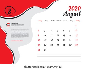 Calendar 2020 design Vector, Desk Calendar 2020 template, August, Week Start On Sunday, Planner, Stationery, Printing, Size : 8 x 6 inch, red background
