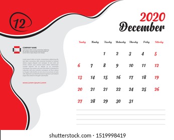 Calendar 2020 design Vector, Desk Calendar 2020 template, December, Week Start On Sunday, Planner, Stationery, Printing, Size : 8 x 6 inch, red background