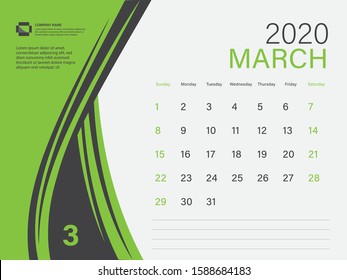 Calendar 2020 design Vector, Desk Calendar 2020 template, MARCH, Green concept, Week Start On Sunday, Planner, Stationery, Printing, Size : 8 x 6 inch