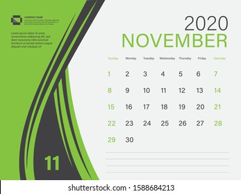 Calendar 2020 design Vector, Desk Calendar 2020 template, NOVEMBER, Green concept, Week Start On Sunday, Planner, Stationery, Printing, Size : 8 x 6 inch