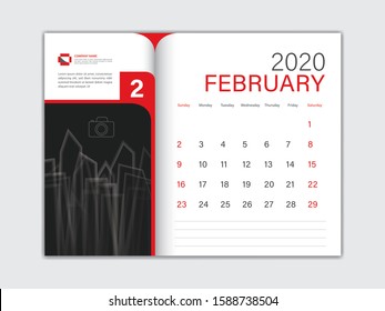 Calendar 2020 design Vector, Desk Calendar 2020 template, FEBRUARY, red concept, Week Start On Sunday, Planner, Stationery, Printing, Size : 8 x 6 inch
