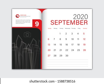 Calendar 2020 design Vector, Desk Calendar 2020 template, SEPTEMBER, red concept, Week Start On Sunday, Planner, Stationery, Printing, Size : 8 x 6 inch