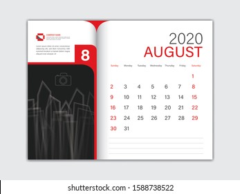 Calendar 2020 design Vector, Desk Calendar 2020 template, AUGUST, red concept, Week Start On Sunday, Planner, Stationery, Printing, Size : 8 x 6 inch