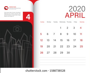 Calendar 2020 design Vector, Desk Calendar 2020 template, APRIL, red concept, Week Start On Sunday, Planner, Stationery, Printing, Size : 8 x 6 inch