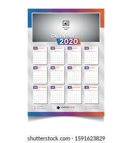 Calendar 2020 design Vector, wall calendar 2020 template, Stationery, Print Calendar Template.
