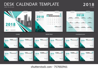 Calendar 2020, Desk calendar 2018 template. Set of 12 Months. Planner. Week starts on Sunday. Stationery design. advertisement. Vector layout. green cover. business brochure flyer. 