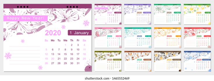 Calendar for 2020. Desk calendar for office, on a white background with an ornament.