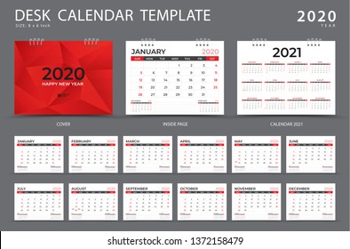 Calendar 2020, Desk calendar template, Set of 12 Months, Planner, Week starts on Sunday, Stationery design, advertisement, Vector layout, red cover design, business brochure flyer