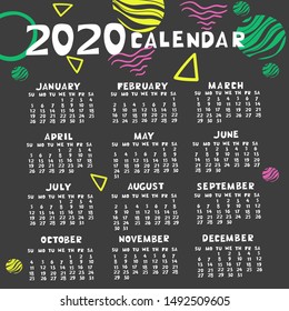 Calendar 2020 in different colors with abstract trendy shapes. Vector graphics.