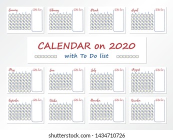 Calendar for 2020 with To Do list near each month. Week starts from sunday. 