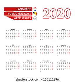 Calendar 2020 in Dutch language with public holidays the country of Belgium in year 2020. Week starts from Monday. Vector Illustration.