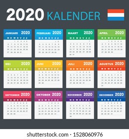 Calendar 2020 in Dutch language, week starts on Monday. Vector calendar 2020 year.