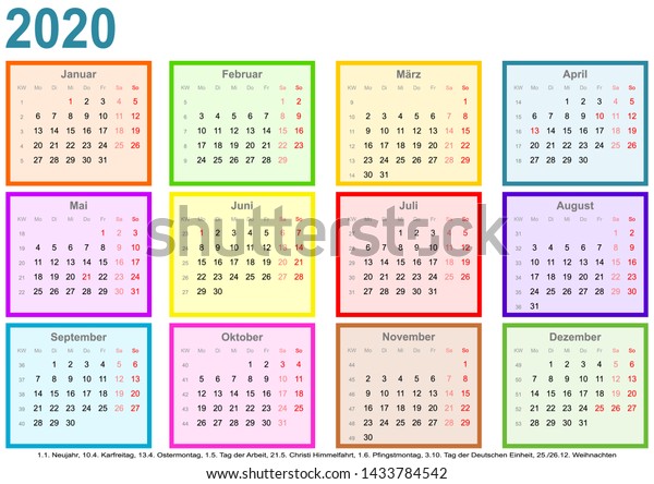 Calendar 2020 Each Month Differently Colored Stock Image