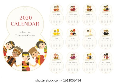 Calendar 2020. Eight shaped 2020 monthly wall calendar with Indonesian children in traditional clothes. Printable calendar template, vector design. New year calendar set.