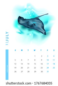 Calendar for 2020 with electric Stingray. Vector design template with illustrations of sea animals.