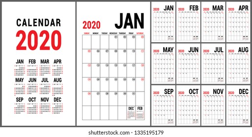 Calendar 2020. English calender template. Vector grid. Office business planning. Creative design