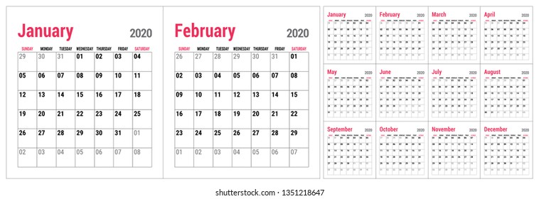 Calendar 2020. English calender template. Vector grid. Office business planning. Simple design