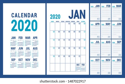 Calendar 2020. English calender template. Vector grid. Office business planning. Creative design. Blue color