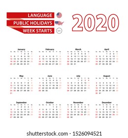 Calendar 2020 in English language with public holidays the United State of America in year 2020. Week starts from Sunday. Vector Illustration.