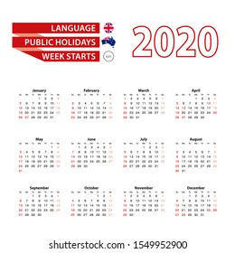 Calendar 2020 in English language with public holidays the country of Australia in year 2020. Week starts from Sunday. Vector Illustration.