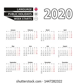 Calendar 2020 in English language, week starts on Monday. Vector calendar 2020 year.