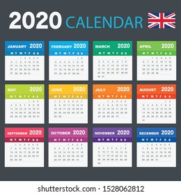 Calendar 2020 in English language, week starts on Monday. Vector calendar 2020 year.