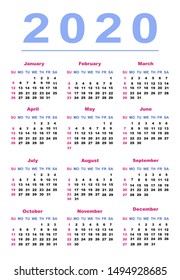 Calendar 2020 in English. Week Starts Sunday. Personal organizer. Vertical format. Vector illustration template