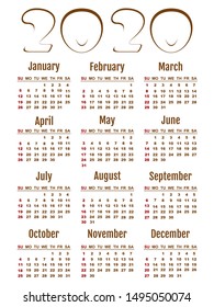 Calendar 2020 in English. Week Starts Sunday. Personal organizer. Vertical format. Brown on white. Vector illustration template