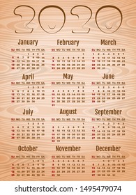 Calendar 2020 in English. Week Starts Sunday. Personal organizer. Vertical format. Brown calendar grid on wooden background. Vector illustration template