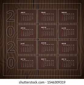 Calendar 2020 in English. Week Starts Sunday. Vertical format. Calendar grid on a wooden background framed by spruce branches with cones. Vector illustration