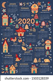 Calendar for 2020 in a fabulous folk style. Blue background, gnomes, houses with ornaments, rooster with chicken and chickens, forests, trees, flowers and leaves. Folk style.