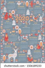 Calendar for 2020 in a fabulous folk style. Grey background, forest animals and birds, flowers and leaves. Scandinavian design.