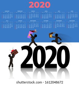 Calendar for 2020. Figures of people jumping on the figures 2020 with sweets in their hands. Vector banner