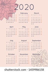 Calendar 2020 with Flower Peach Background