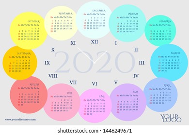 Calendar 2020 in the form of a clock with months in rainbow circles, days of the week, Roman numerals. Sundays highlighted in red. Grey pearl background. Vector template 10 EPS