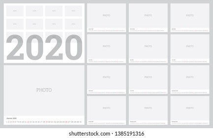 Calendar 2020 in French. 380x280 mm format for print. Set Desk Calendar template design with Place for Photo. Set of 12 Months. Vector layout.