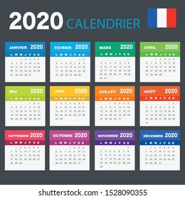 Calendar 2020 in French language, week starts on Monday. Vector calendar 2020 year.