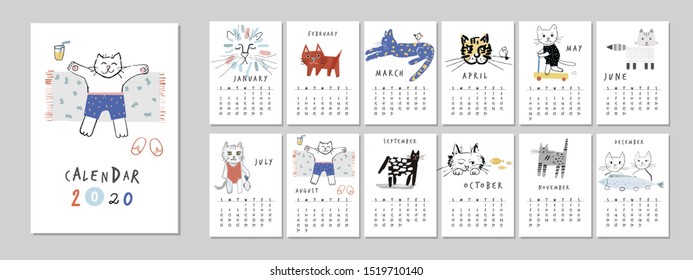 Calendar 2020 with fun and cute cats. Printable creative template