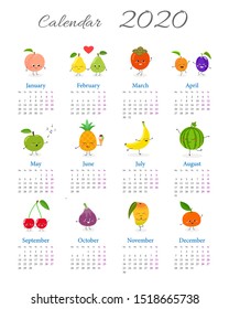 Calendar 2020 with funny fruits. Week starts on Monday. Vector illustration on white background