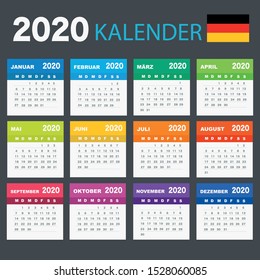 Calendario 2020 en alemán, la semana comienza el lunes. Calendario de vectores 2020 año.