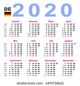 Calendar 2020 in German. Week starts Monday. Horizontal format. Vector illustration template