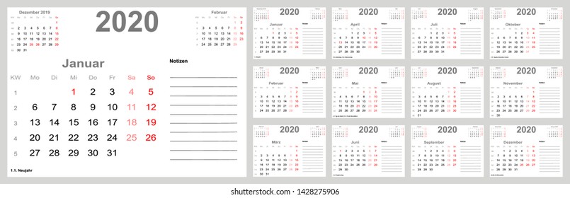 Calendar 2020 for Germany with holidays, room for notes and above with previous and following month. Set of all 12 single months. Week starts Monday.